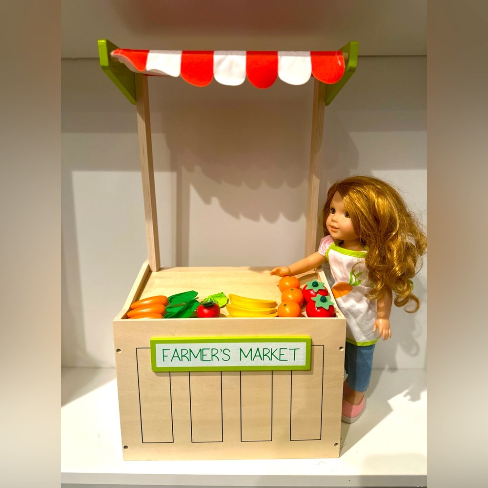 14.5 - 18inch doll farmers market, includes assortment of fruits and veggies